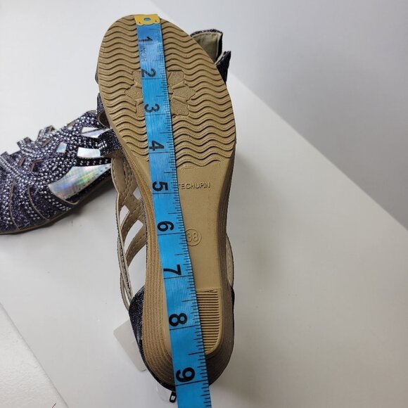 SIZE 7 Silver Glitter Grey Tone Wedge Sandals Low Heels Flats Open Toe NEW - Picture 5 of 12